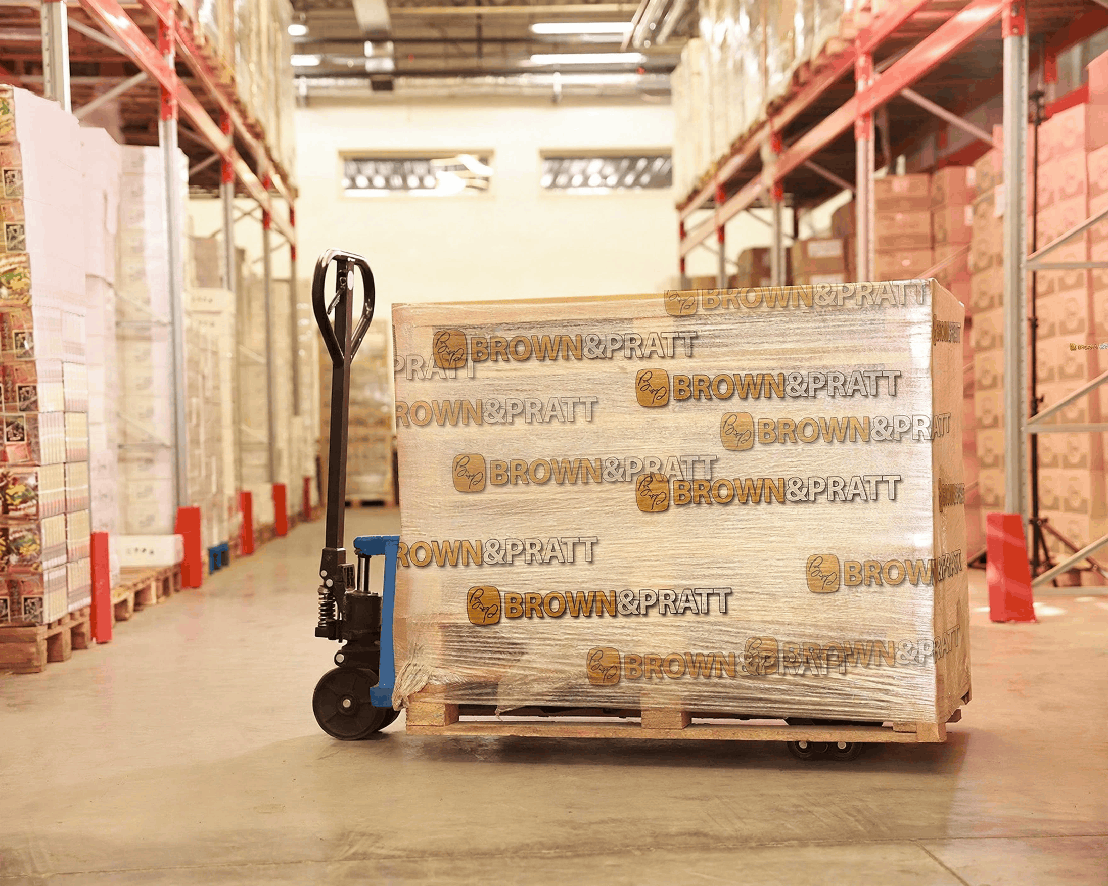 pallet of warehouse items shrink wrapped in Brown & Pratt branded shrink wrap